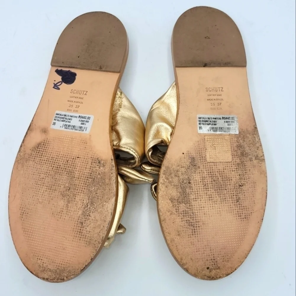 SCHUTZ Metallic Espadrille Slide Sandals Soft Gold Size 37.